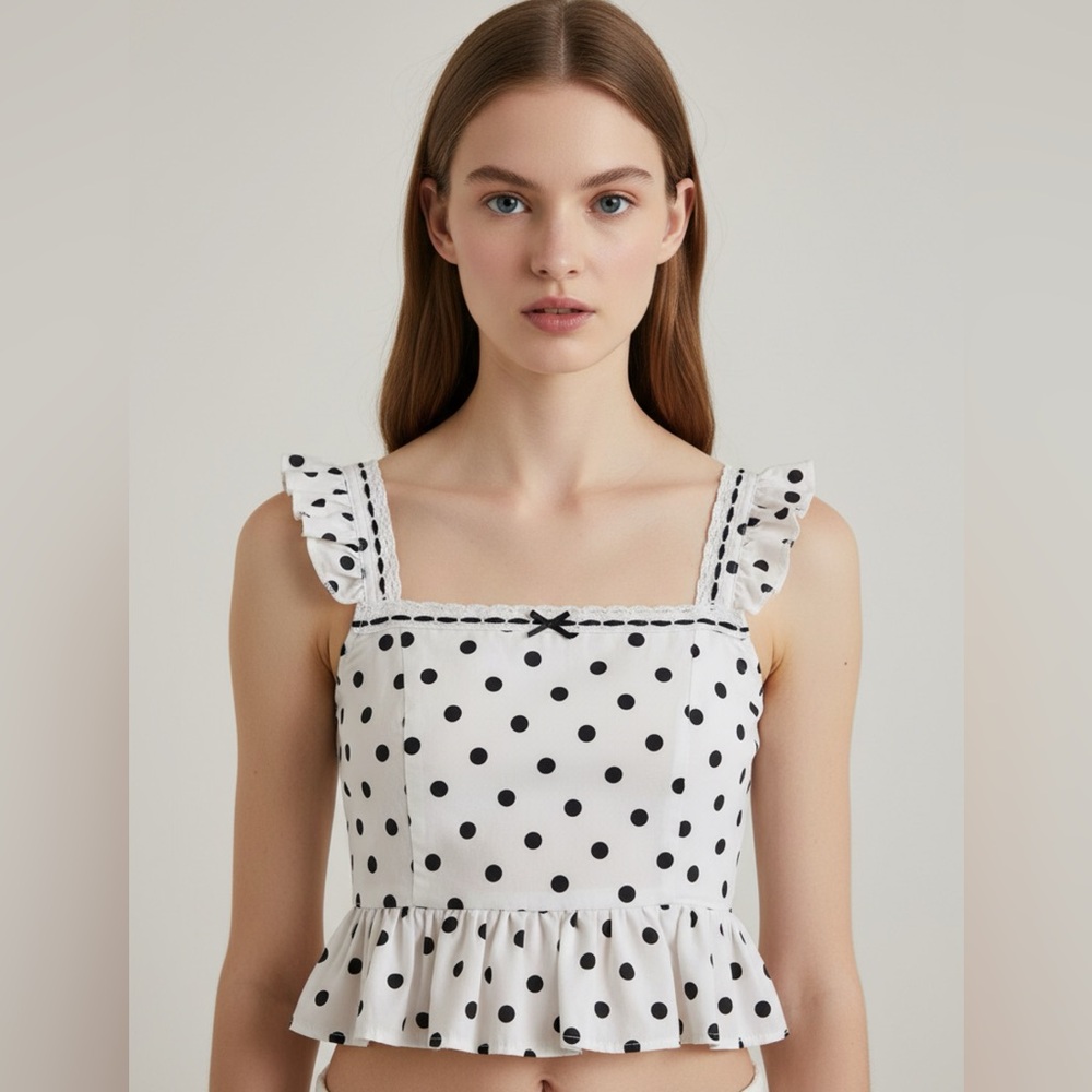 LOTUS & LAVENDER Polka Dot Ruffle Sleeve Top SMALL S